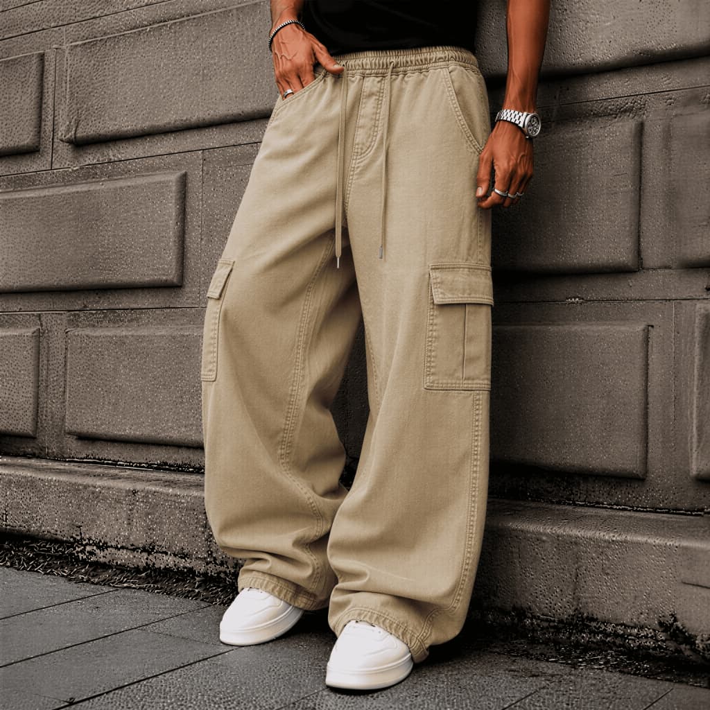 Calça Cargo Jeans e Sarja Larga Masculina Unissex Skate Caqui 6 Bolsos Cordão Ajustável Casual Streetwear Premium