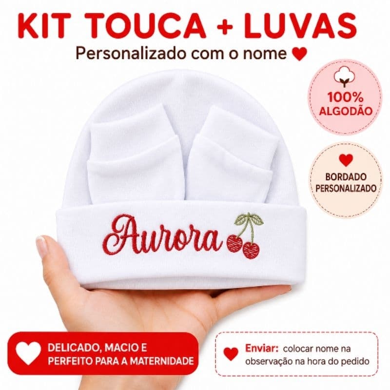 Kit Touca Personalizado + par de luvas Maternidade RNo/saida maternidade Macia Malha Suedine100% Algodão RN/gestante