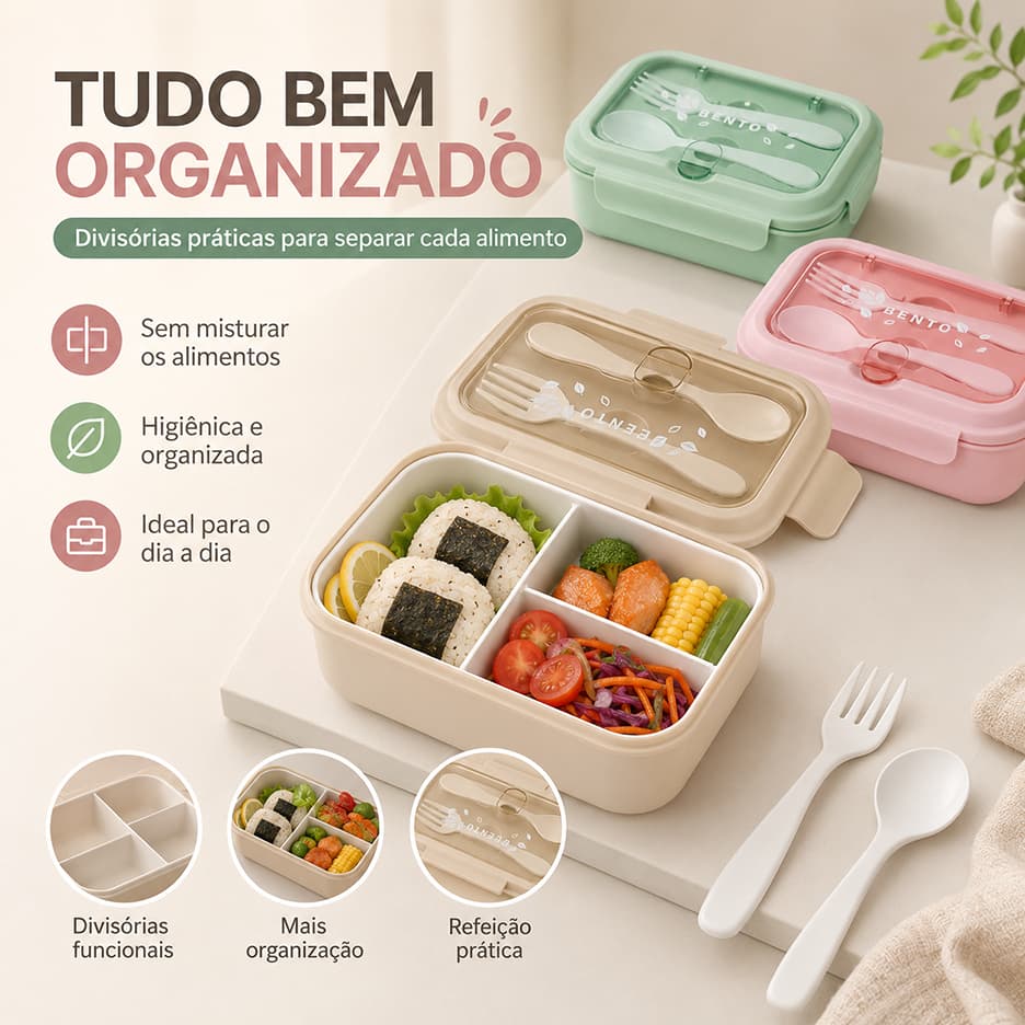 Lancheira 3 Compartimentos 930 ml com Talheres, 3 Cores Disponíveis | Marmita Hermética à Prova de Vazamento para Refeiç