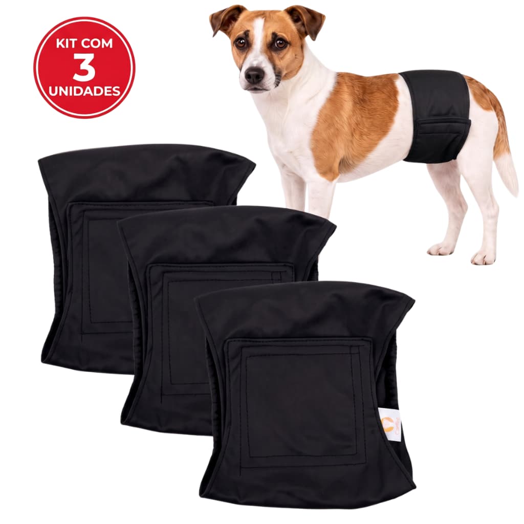 Kit 3 Fraldas Higiênicas Reutilizáveis Pretas, Laváveis e Duráveis Cachorros Macho Petting Is Caring