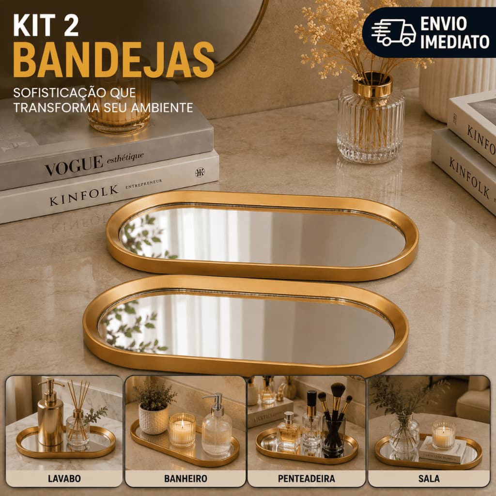 Kit 2 Bandejas Decorativas Espelhadas Douradas Luxo para Lavabo Banheiro Sala Porta Maquiagem