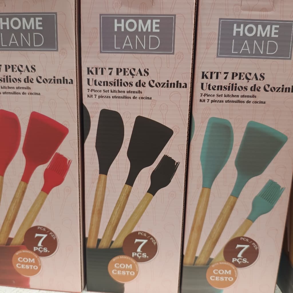 Jogo Kit 7 Peças Utensílios De Cozinha Silicone Cabo Madeira Com Cesto Homeland