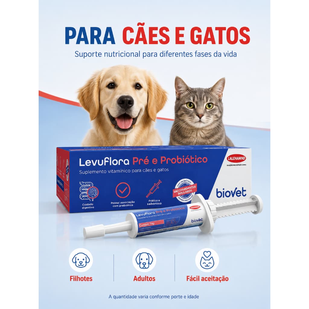 Levuflora 14g Biovet Pré e Probiótico para Cães e Gatos Suplemento Intestinal Digestivo em Pasta com Vitaminas