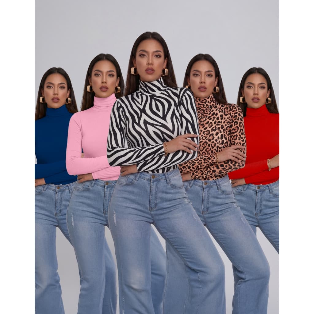 Kit 5 Blusas Blusinha Social Basico Manga Longa Gola Alta