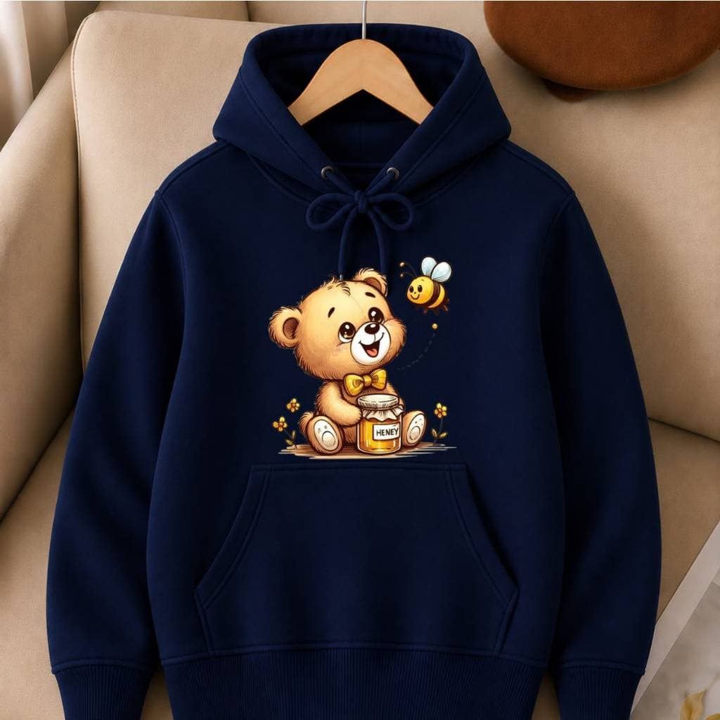 Blusa de Moletom Quentinho com Capuz Bolso Frontal Ideal para Inverno Estampa Ursinho e Abelhinha
