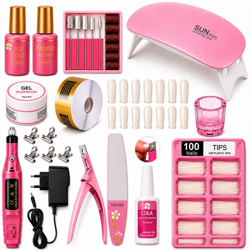 Kit de Unhas Manicure Alongamento Unha Gel + Cabine Sun + Lixa Elétrica Cantea