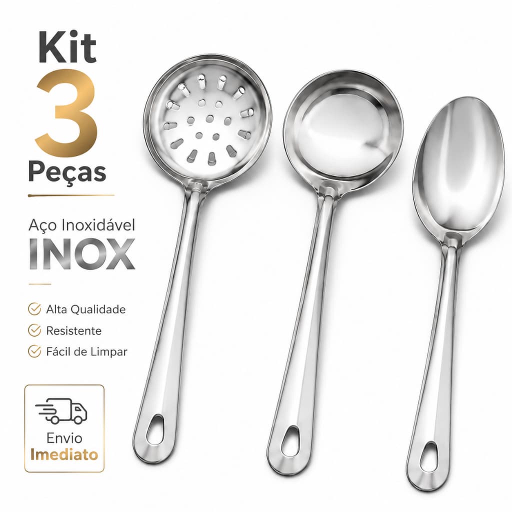 Jogo 3 Utensilios de Cozinha INOX Concha Colher de Arroz Servir Escumadeira Espumadeira Fritura