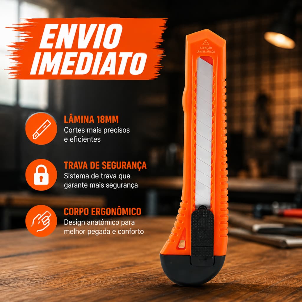 Estilete Profissional 18mm com Trava de Segurança | Lâmina Reforçada e Substituível | Corte Preciso