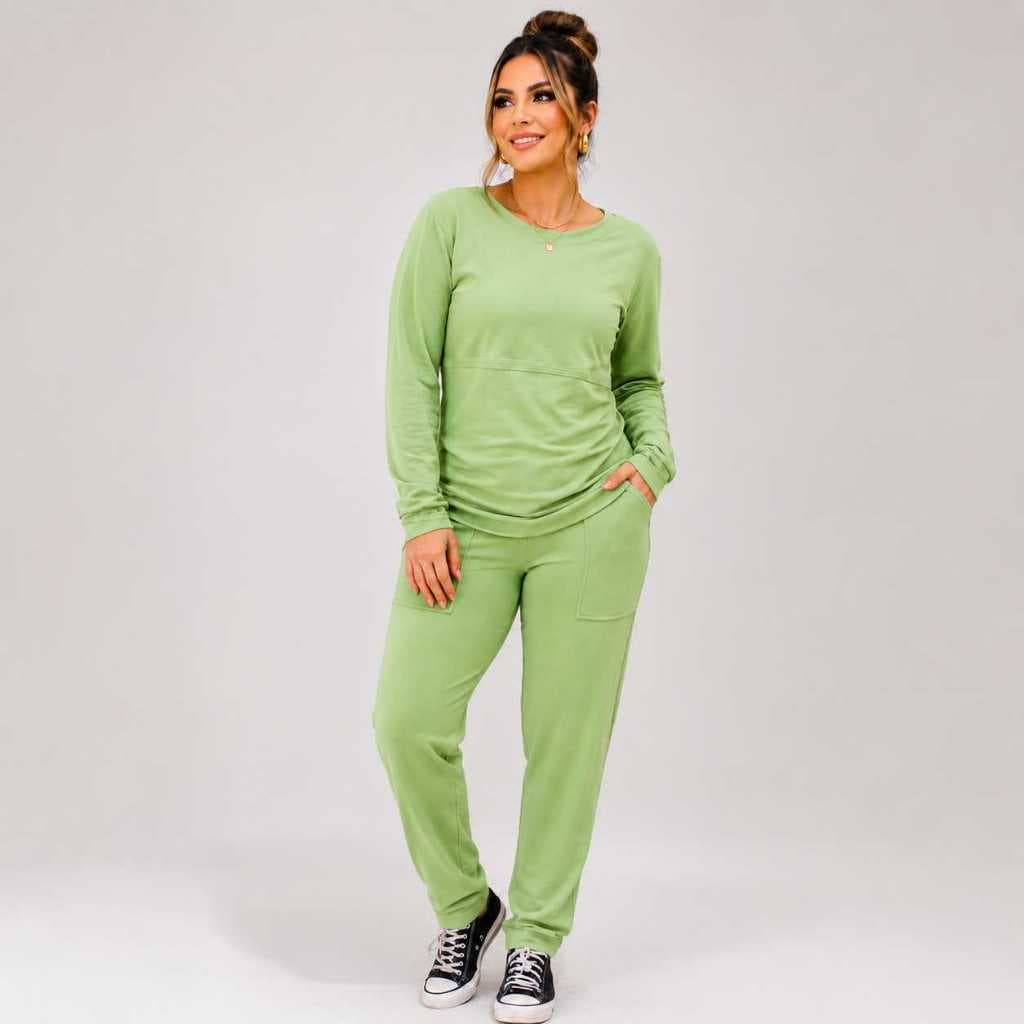 Conjunto Moletom Feminino Calça Reta Blusa Manga Longa Casual para o Dia a Dia