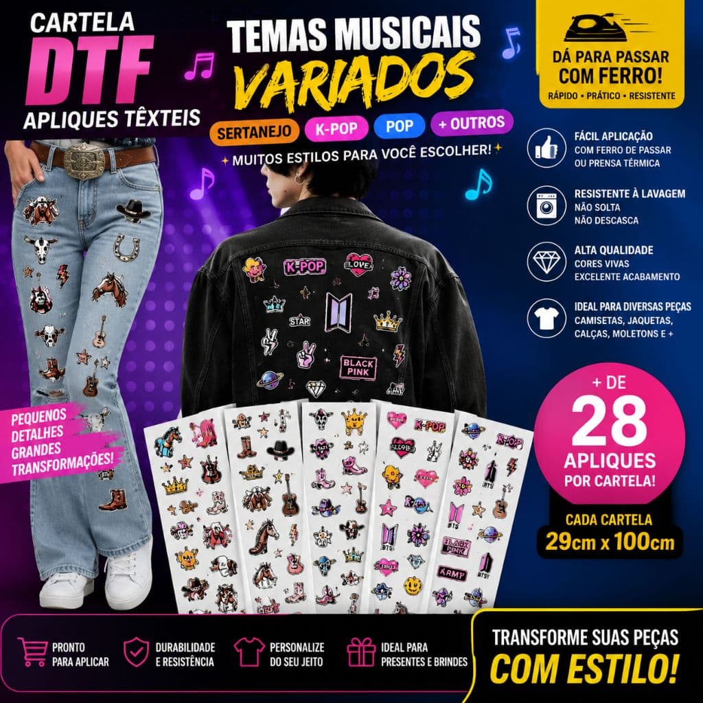 Cartela DTF Apliques Têxteis – Temas Musicais Variados | Sertanejo, K-Pop e Pop | stray kids | leo foguete
