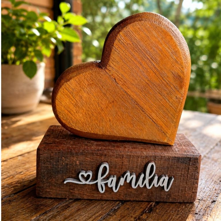 Coração Família Madeira Decoração Pedestal