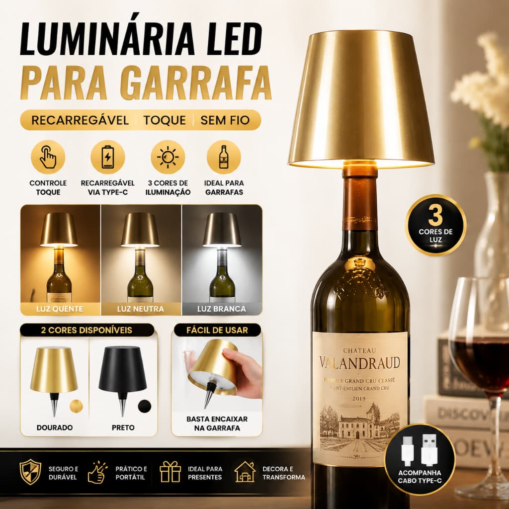 Converta Garrafas Em Abajour Com Led 3 Tons Sem Fio Lâmpada