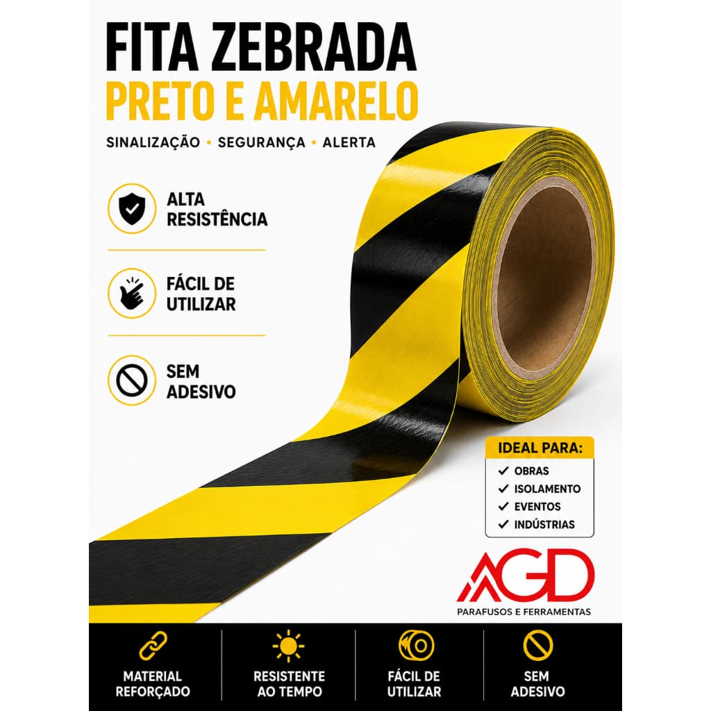 Fita Zebrada de Sinalização Preta e Amarela 70MMx100M Alta visibilidade