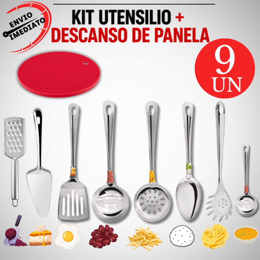 Kit Utensilio Para Cozinha 100% Inox Com Descanso de Panela De Silicone Colher Concha Escumadeira Mini concha