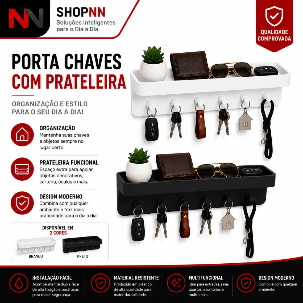 Porta Chaves de Parede Organizador com Bandeja 6 Ganchos Adesivo Porta Objetos