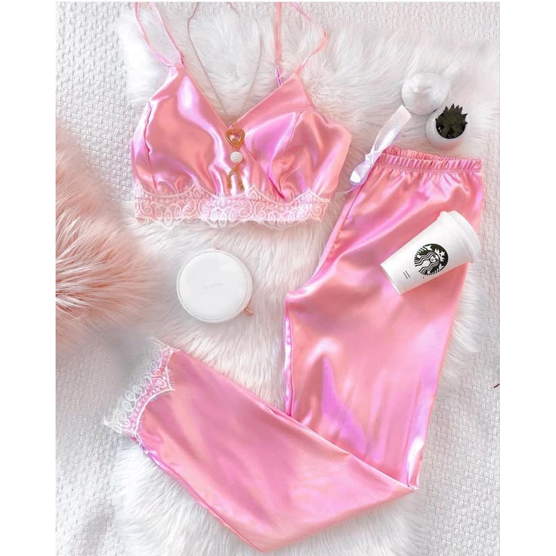 Pijama Feminino Cetim com Renda Conjunto Cropped e Calça