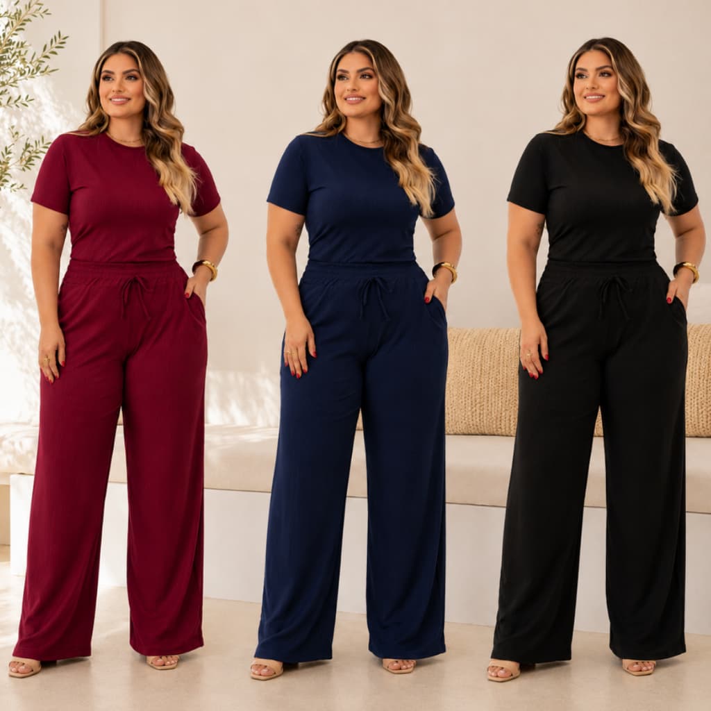 Conjunto de Verão Feminino Plus Size Elegante Calça Pantalona e Blusa de Manga Aerolook