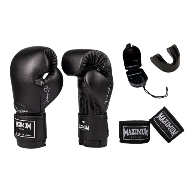 KIT LUVA CLASSIC PRETA, BANDAGEM PRETA 3 METROS, PROTETOR BUCAL ZONA LIVRE- BOXE/MUAY THAI