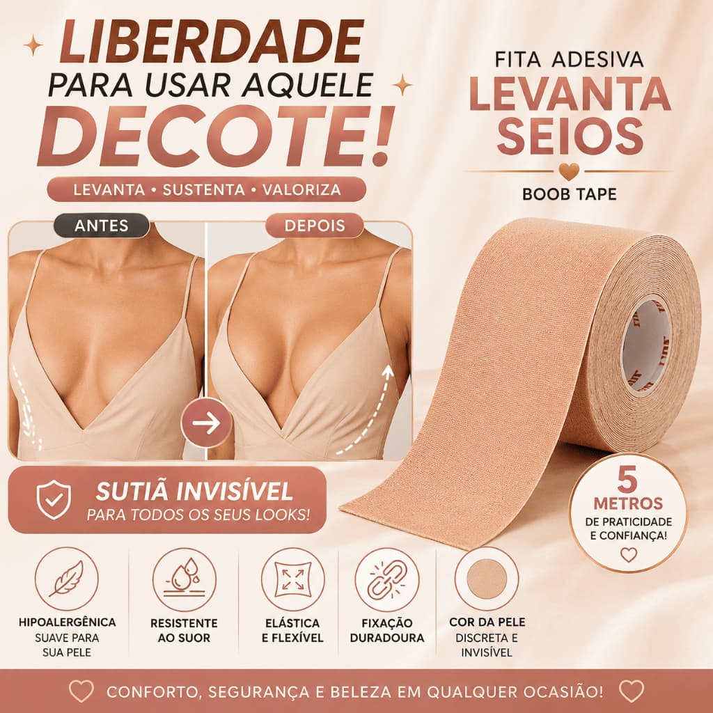 Fita Levanta Seios Boob Tape 5 Metros Sutiã Adesivo Invisível Resistente ao Suor Nude