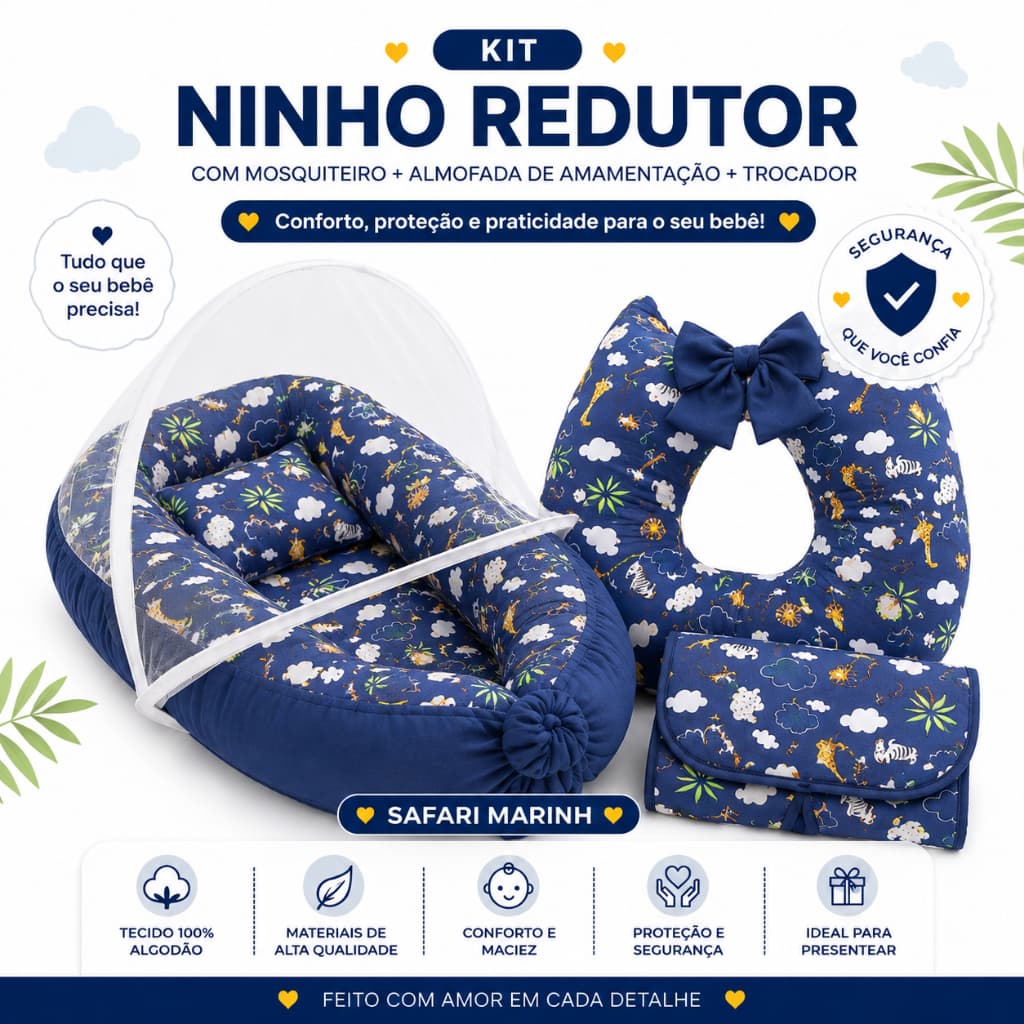 Kit Ninho c/ Mosquiteiro + Almofada Amamentação + Trocador de Fraldas