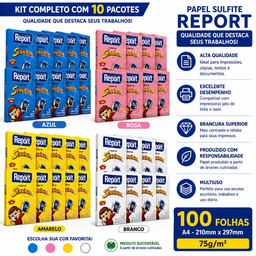 Kit 10 Unidades Papel Sulfite A4 Colorido Report Senninha Azul Amarelo Branco Rosa