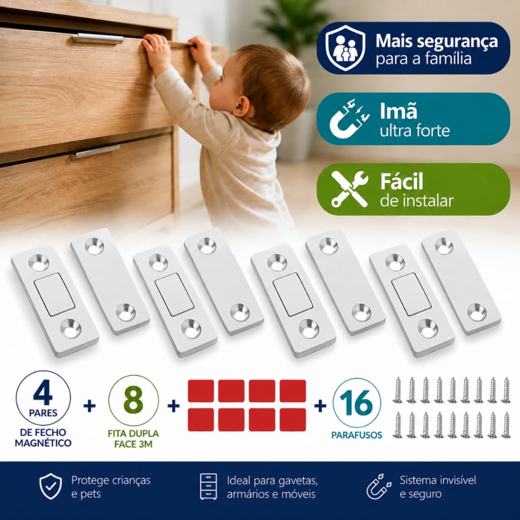 Kit 8 Peças Fecho Magnético para Armario Porta Gaveta Sistema de Fechamento Para Móveis