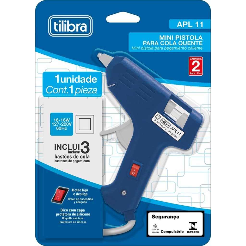 Pistola Cola Quente Profissional Pequena Bico Fino, C/ Bastão, 16W, Bivolt, APL11, Botão Liga Deslig
