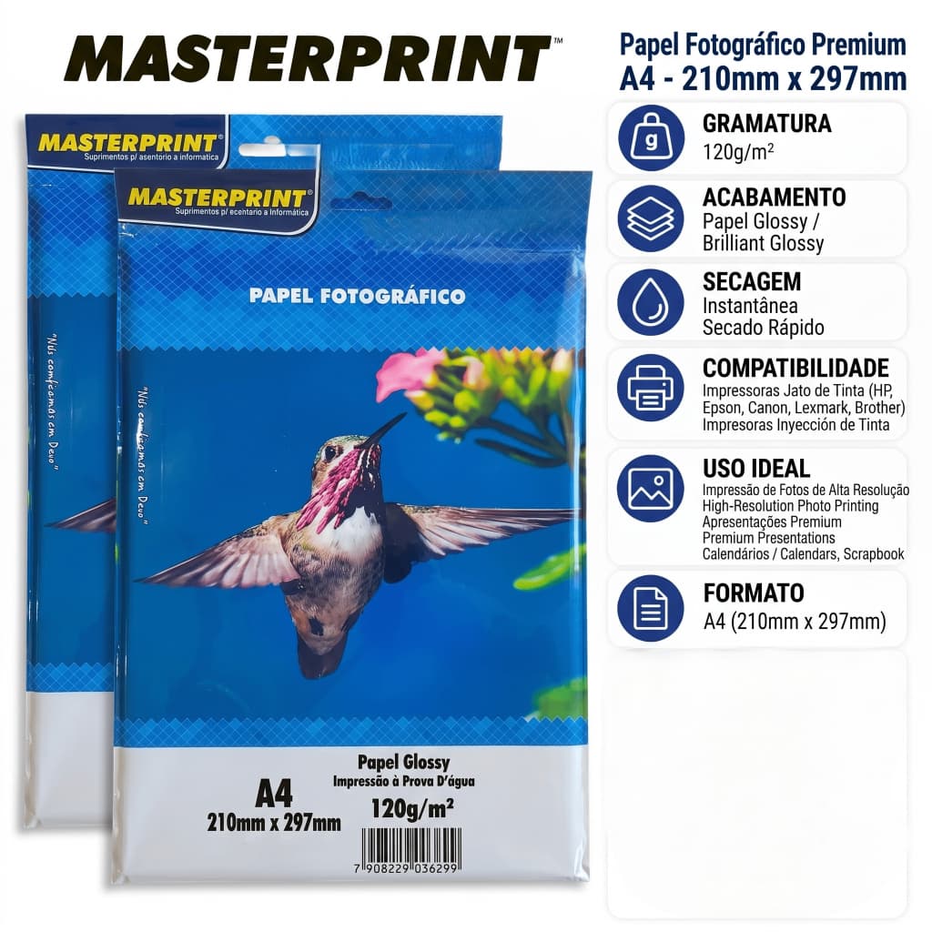 Papel Fotografico foto 20 folhas 120g A4 Glossy Brilhante Masterprint
