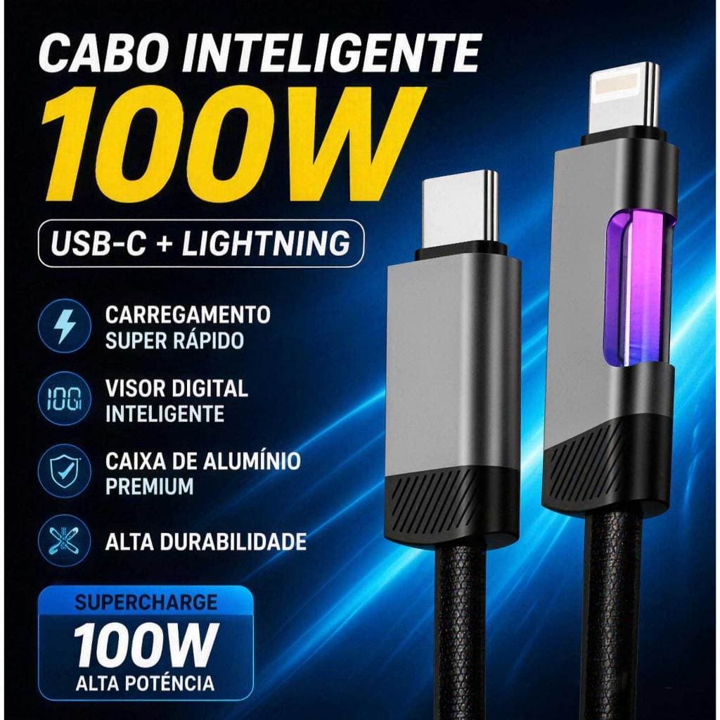 Cabo USB Tipo C e Lightning RGB Aurora Rainbow 65W SuperCharge Carregamento Rápido Trançado Reforçado para iPhone Androi