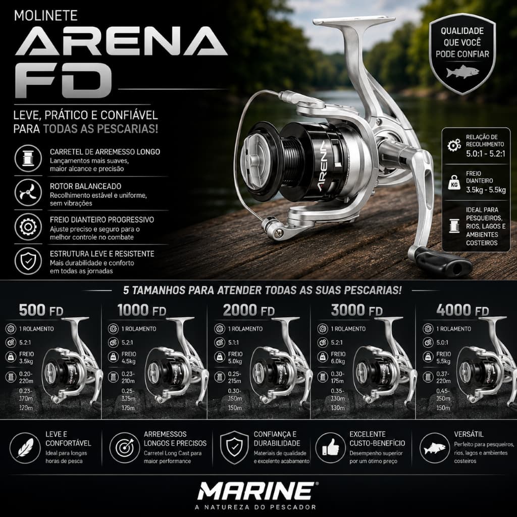 Molinete Pesca Marine Sports Arena 500/ 1000/ 2000/ 3000/ 4000 | Fricção Dianteira - Leveza, Durabilidade e Desempenho