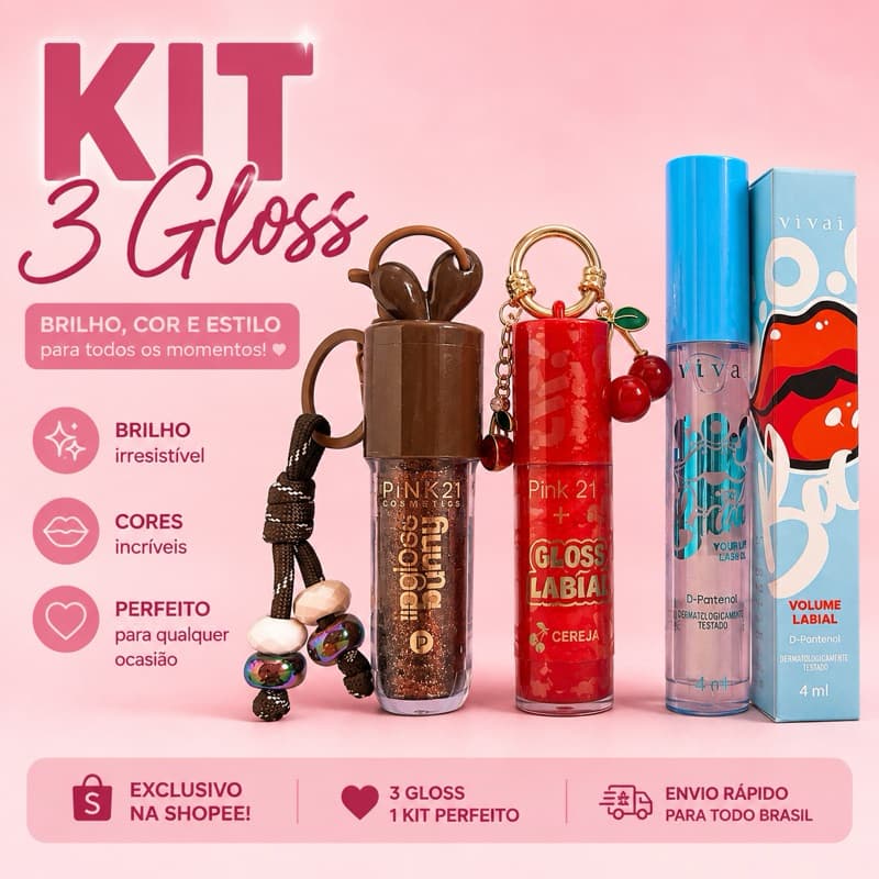 Gloss bocão s.o.s + Gloss cereja chaveirinho + Gloss bunny chaveirinho kit com 3