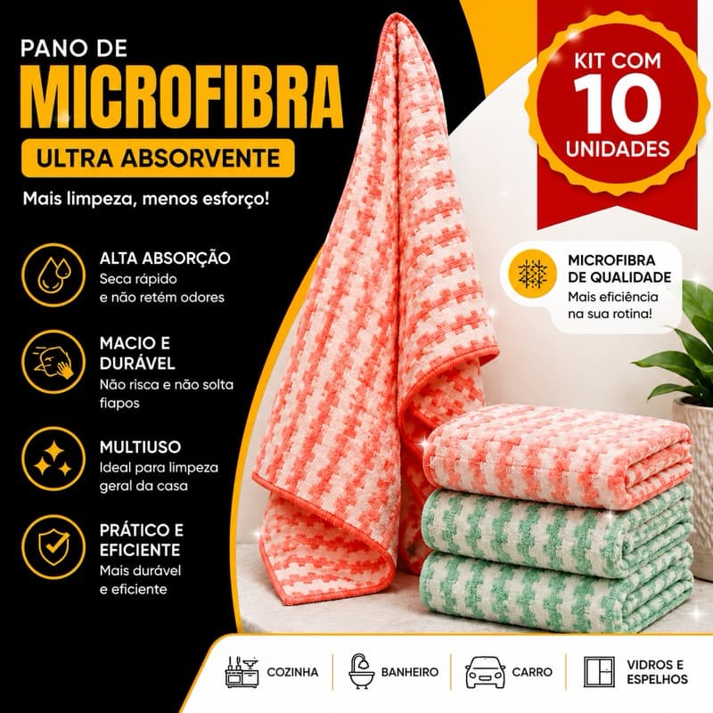Kit 10 panos de limpeza microfibra alta absorção multiuso 25x25cm não risca