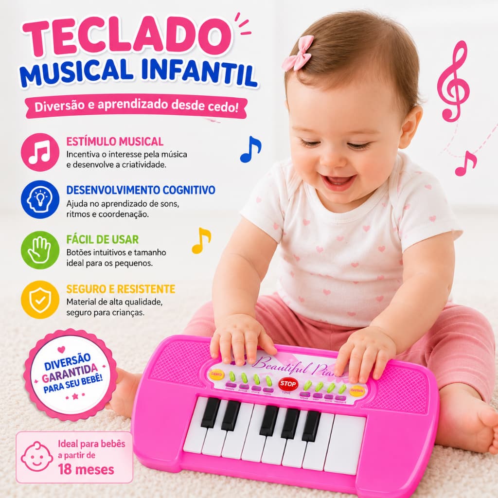 Piano Infantil Musical Teclado Bebê 2 Modos de Som com Luz Brinquedo Educativo Presente