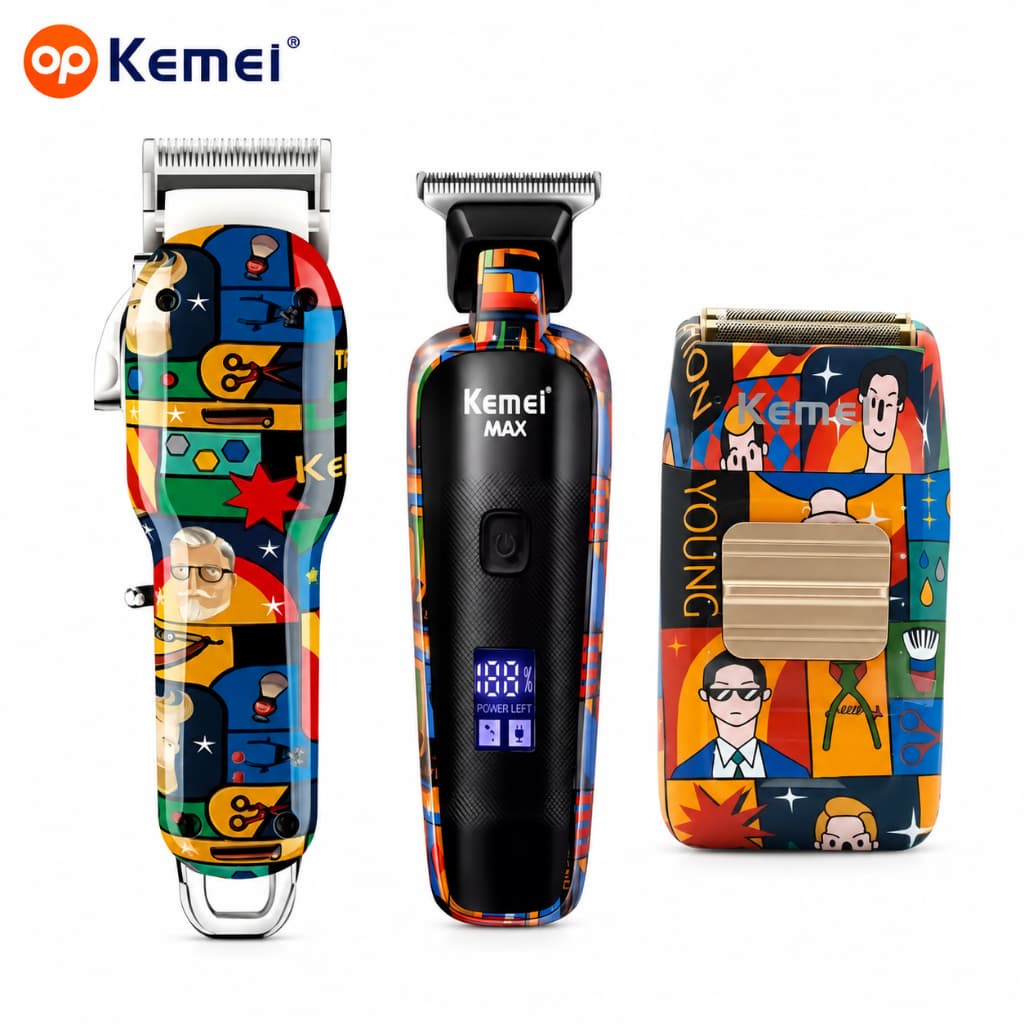 Kit Profissional Kemei Máquina de Corte MAX-2092 + Acabamento MAX-5090 + Shaver KM-1102H para Cabelo e Barba