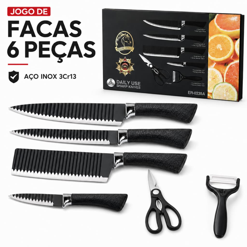 Jogo de Facas 6 Peças para Cozinha em Aço Inox 3CR13 com Tesoura e Descascador Cerâmico Preto