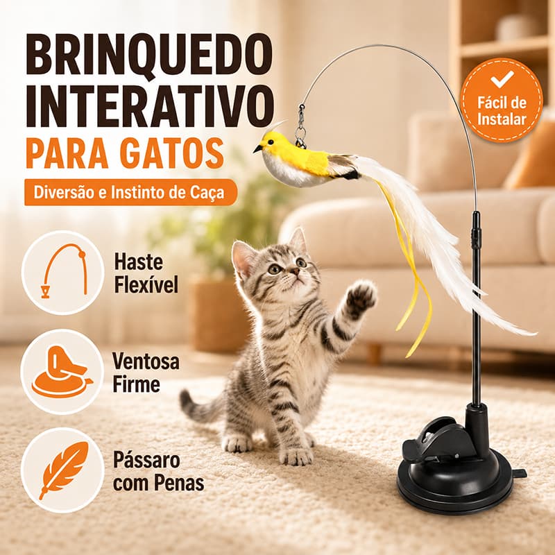 Brinquedo Varinha Gato Passaro Com Ventosa Fixa No Chao