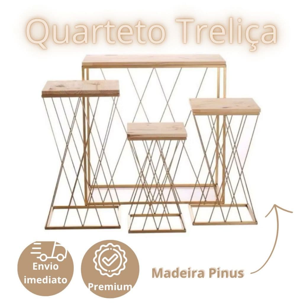 Kit 4 Mesas Teia Cruzada Quarteto Treliça Em Ferro e Madeira Premium Para Festas Aniversario