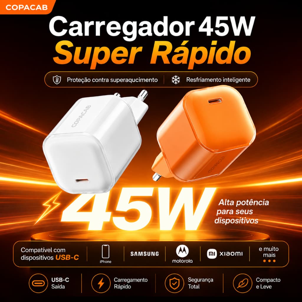 Carregador 45W USB-C PD Super Rápido GaN，Carregamento Rápido，Não esquenta，para iPhone,iPad, Samsung, Motorola e Xiaomi