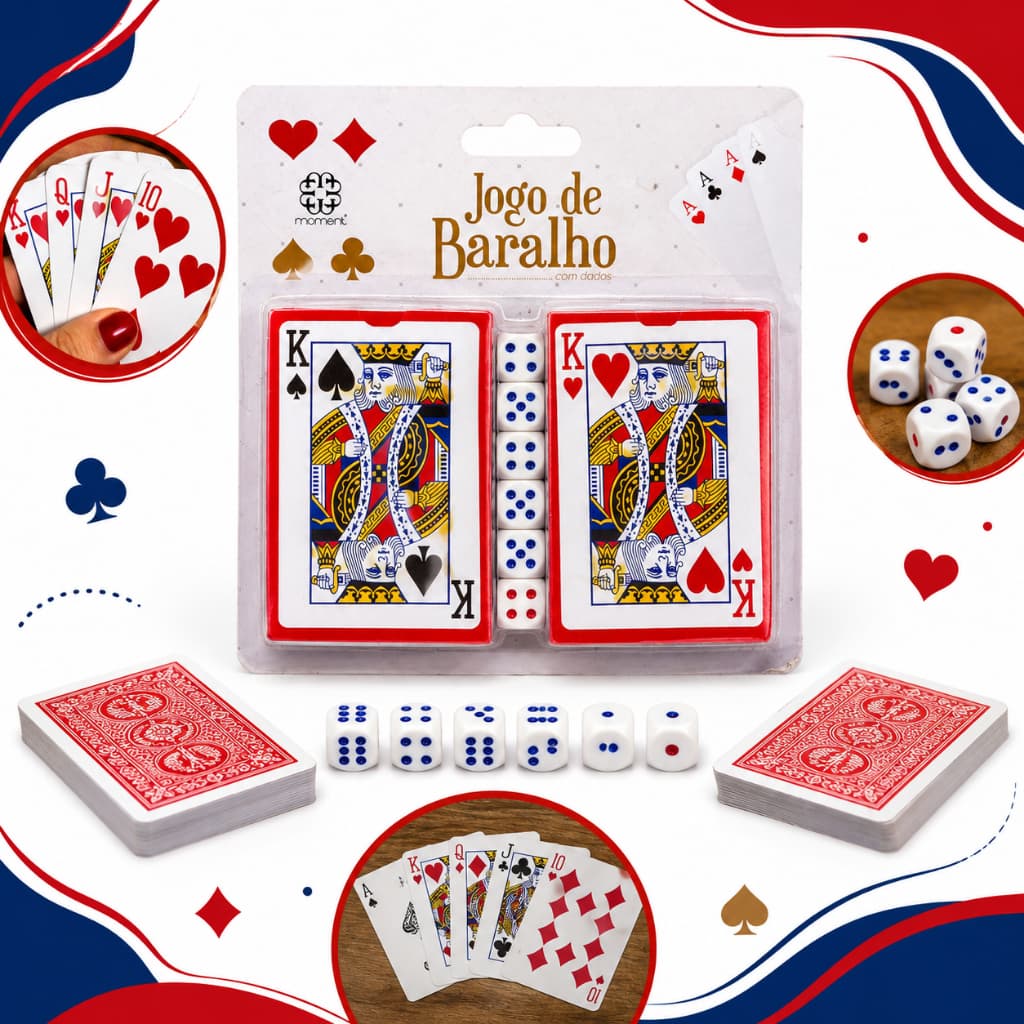 Jogo de Baralho com Dados – 2 Baralhos + 6 Dados