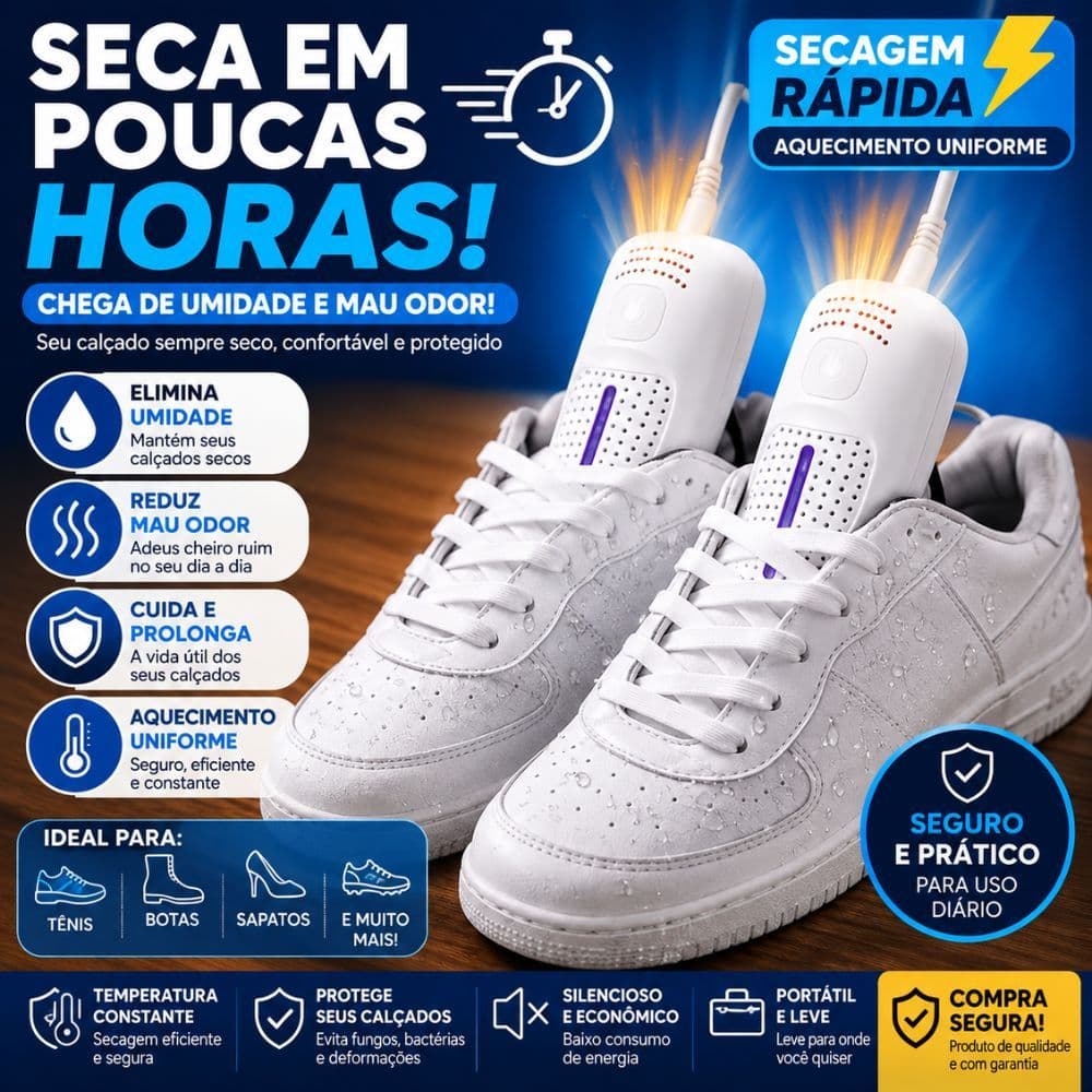 Secador Elétrico Portátil para Sapatos e Tênis Secagem Rápida Desumidificador de Calçados