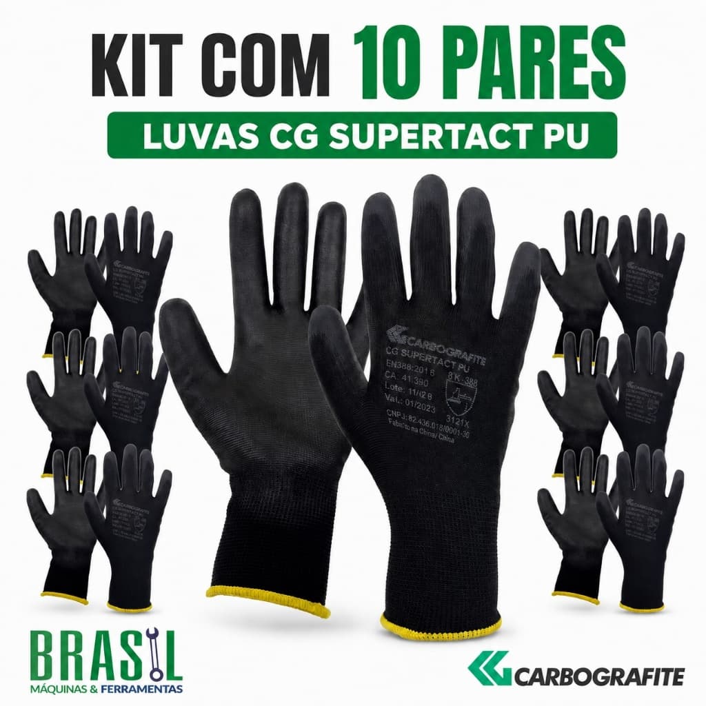 Kit 10 Pares Luva De Segurança EPI Supertact PU Tam 10 Carbografite Proteção Mecânica Industrial