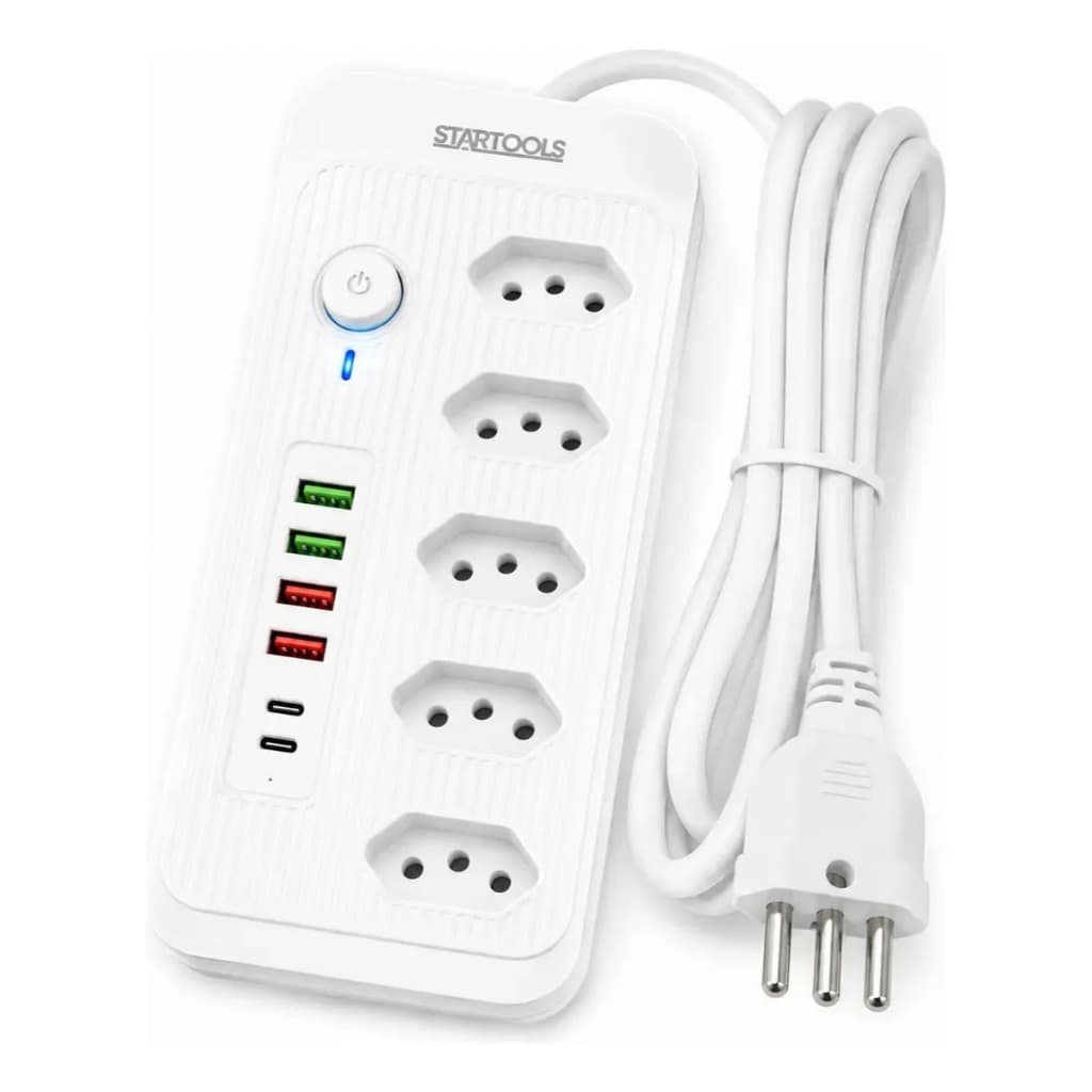Extensão Elétrica 2 Metros 5 Tomadas 4 USB 2 USB-C Branca Filtro de Linha Régua Carregador Rápido