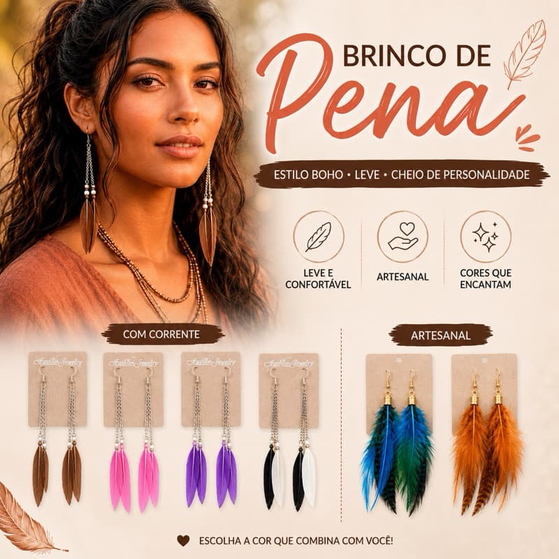 Brinco Pena Boho Hippie Chic Feminino Colorido Leve Verão Festival