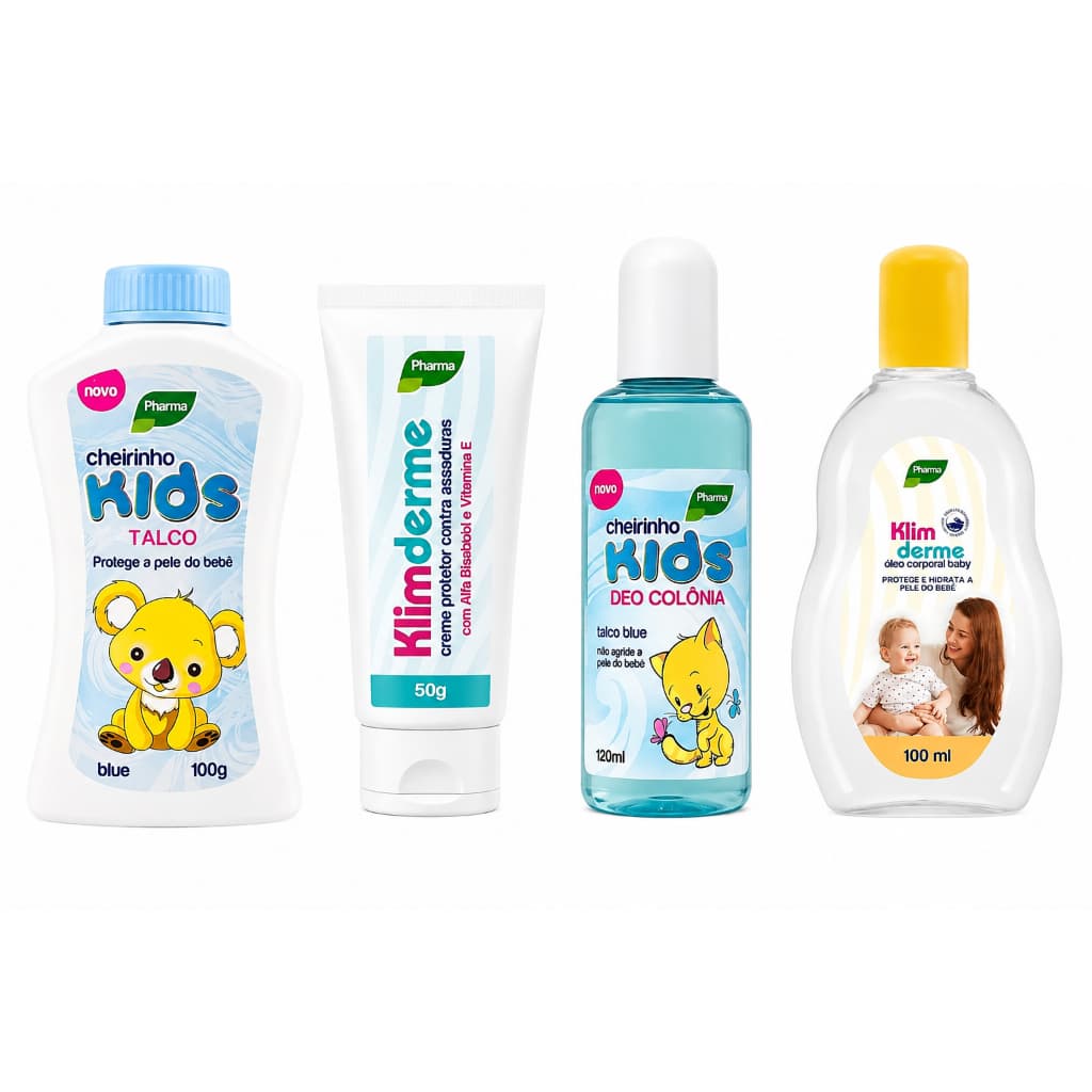Kit Higiene Bebê Talco Cheirinho Kids 100g + Colônia kids 120ml + Óleo Klinderme 100ml + Pomada Assaduras Klinderme 50g