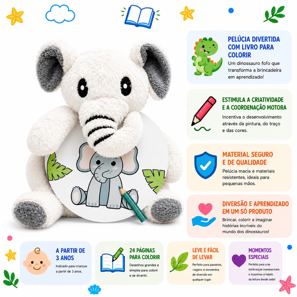 Livro Infantil Colorindo Com Pelúcia Dinossauro | Happy Books Educativo +3 Anos