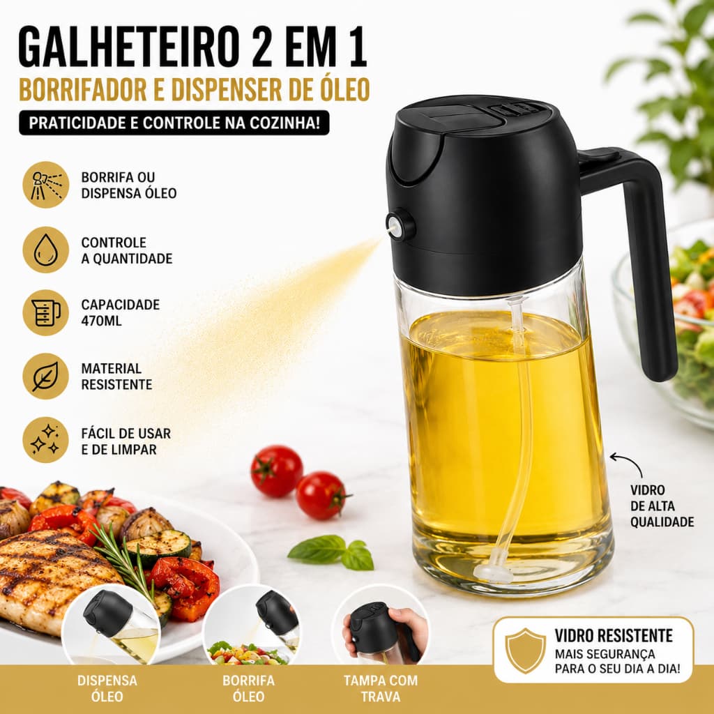 Spray borrifador Galheteiro 2 em 1 470ml  azeite e Dispenser de Óleo Vidro com Tampa com Trava para Cozinha dosador