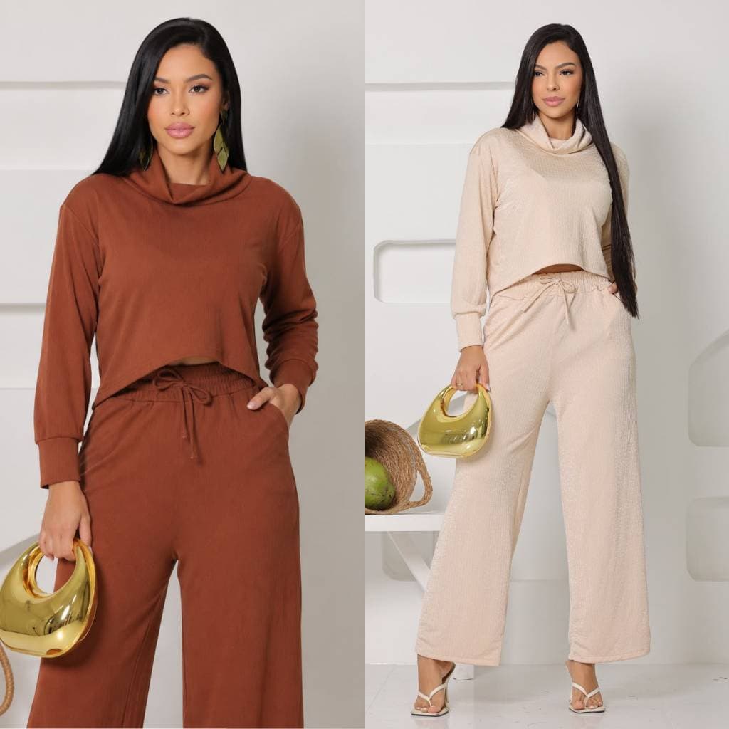 Conjunto Feminino Calça Pantalona Cintura Alta Casual Blusa Cropped Manga Longa Elegante Confortável