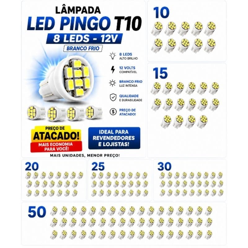 Lâmpada LED Pingo T10 8 LEDS 12V Branco Frio Luz de Teto Porta Malas Placa Meia Luz Kits Atacado