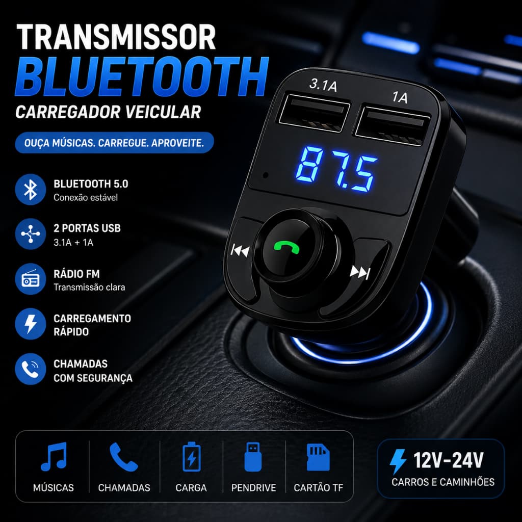 Carregador Transmissor Automotivo Mp3 Bluetooth V5.0 + Edr P