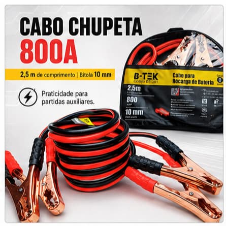 Cabo Chupeta 800A 2,5m Bateria Recarga Partida Auxiliar 12V 24V Carro Moto Caminhão Garras Cobreada